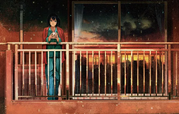 Girl, sunset, the city, rain, home, anime, tears, window