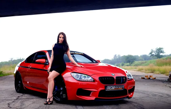 Look, Girls, BMW, red car, beautiful brunette, leaning on the car, Christiane Romicke