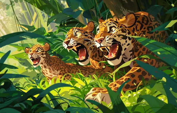 Kitty, Leaves, Cub, Fangs, Jungle, Three, Digital art, Grin