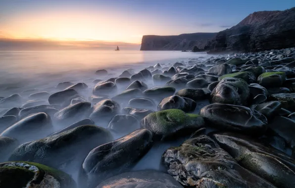 Sea, fog, stones, rocks, shore, pond, pebbles