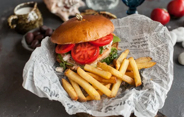 Tomatoes, hamburger, roll, French fries