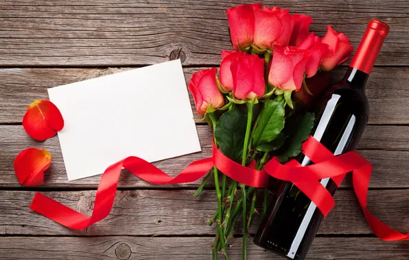 Love, flowers, gift, wine, romance, bottle, roses, petals