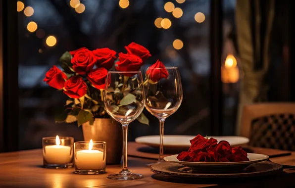 Light, flowers, night, table, holiday, roses, bouquet, the evening