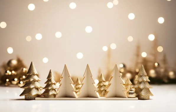 Forest, lights, toys, Christmas, New year, figures, gold, Christmas trees