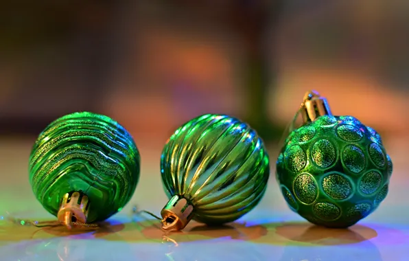 Balls, holiday, green, Christmas, New year, trio, Christmas decorations, new year decorations