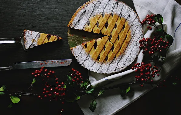 Branches, berries, the dark background, table, towel, fruit, pie, knife