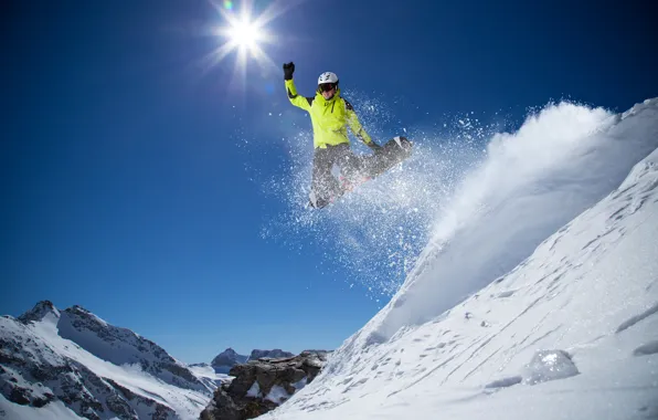 Winter, the sky, the sun, snow, mountains, stones, jump, snowboard