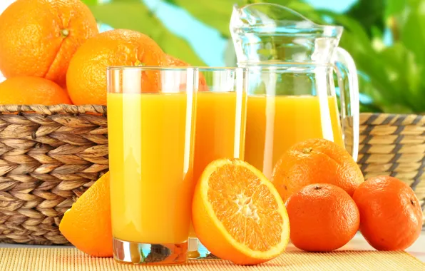 Basket, oranges, juice, glasses, pitcher, fruit, tangerines, orange