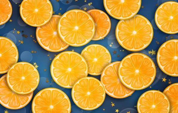 Circles, graphics, oranges, texture, stars, a lot, blue background, slices