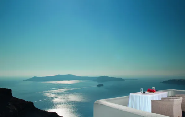 Sea, view, ship, Santorini, horizon, table, terrace