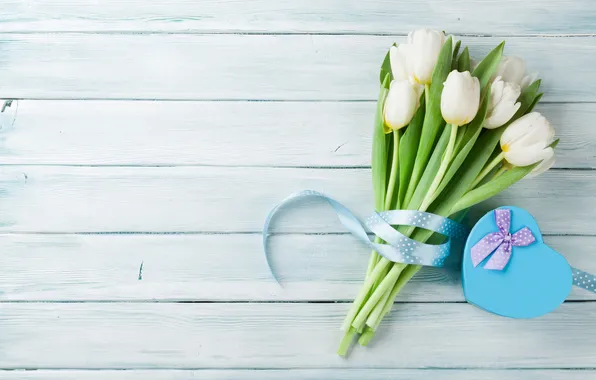 Flowers, gift, bouquet, tulips, love, white, heart, wood