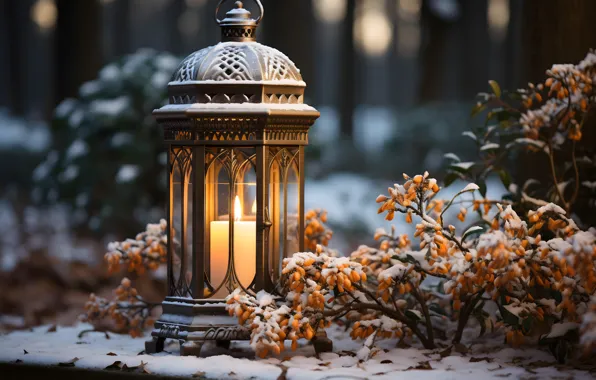 Winter, snow, decoration, night, New Year, Christmas, lantern, light