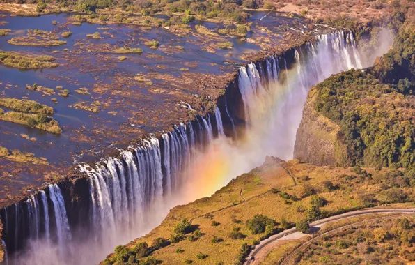 Road, waterfall, rainbow, Victoria, Africa, Zambia