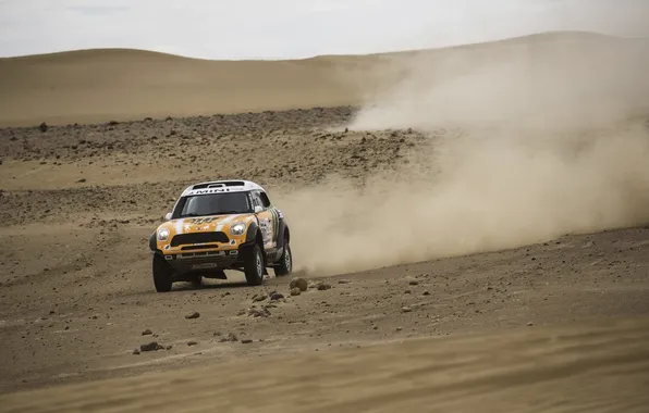 Auto, Yellow, Dust, Race, Mini Cooper, Rally, Dakar, Dakar