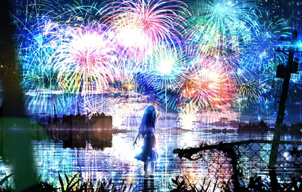 Water, girl, night, fireworks