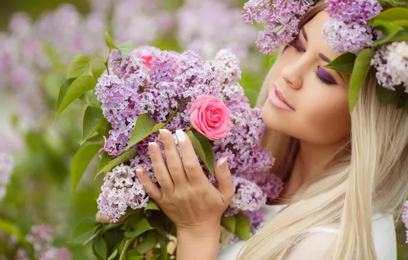 Leaves, girl, flowers, hand, portrait, roses, bouquet, spring