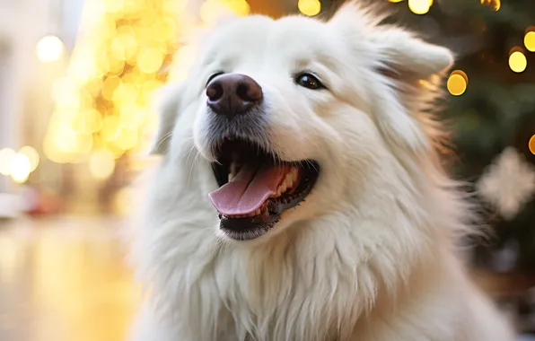 Language, look, lights, portrait, dog, Christmas, New year, white