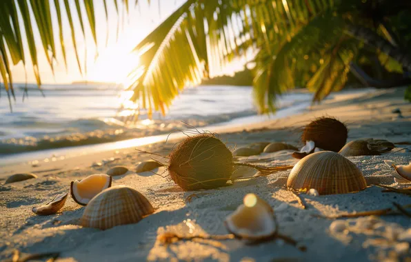 Sand, sea, beach, the sky, the sun, rays, light, branches