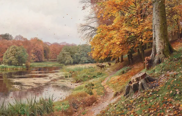 Picture 1918, Danish painter, Peter Merk Of Menstad, Peder Mørk Mønsted, Danish realist painter, Autumn day …