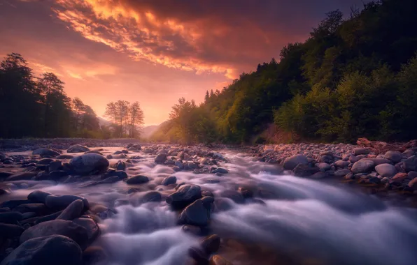 Picture the sky, river, stones, dawn, for, hill