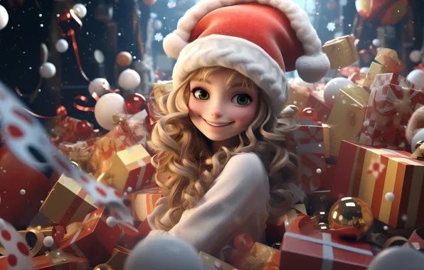 Girl, balls, smile, Christmas, blonde, girl, gifts, New year