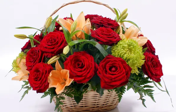Flower, flowers, nature, basket, Lily, roses, bouquet, red