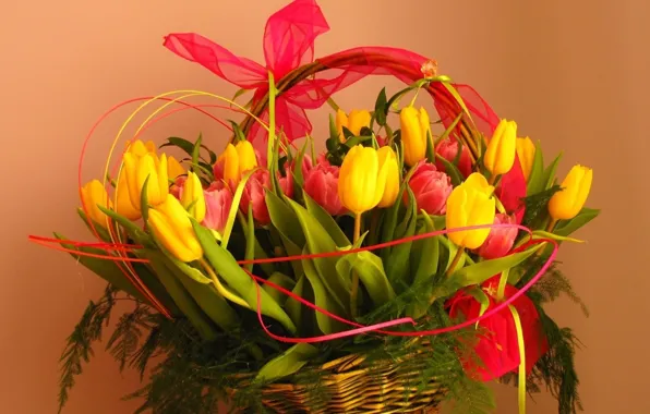 Basket, bouquet, Tulips, tape