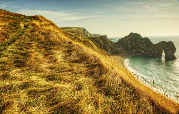 Wave, beach, the sky, grass, the sun, clouds, mountains, shore