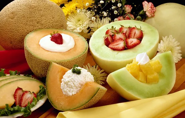 Picture flowers, strawberry, fruit, sour cream, melon, appetizing