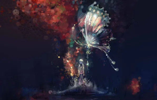 Water, night, abstraction, lake, butterfly, island, art, guy