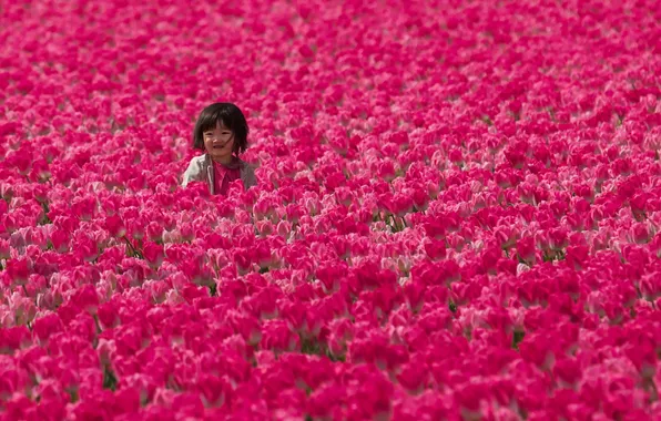 Field, girl, tulips