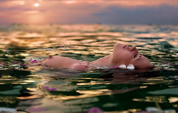Chest, girl, lake, petals