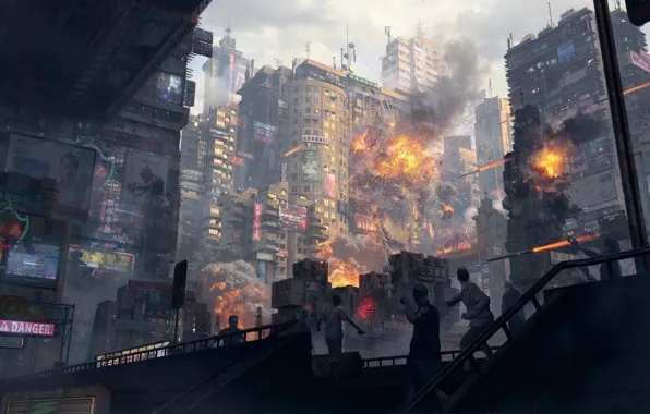 The city, Fire, People, The explosion, City, Rocket, Fire, Architecture