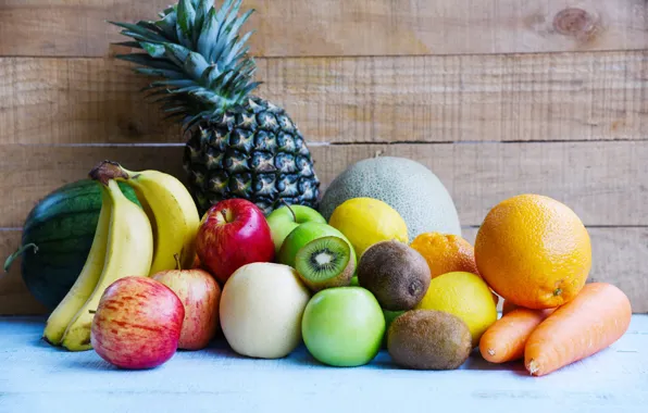 Background, apples, Board, food, oranges, watermelon, kiwi, bananas