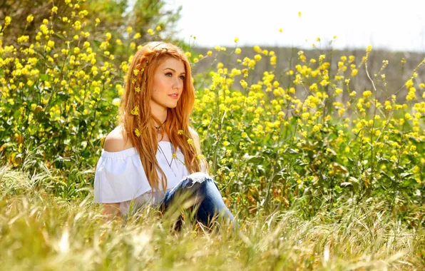 Field, look, girl, flowers, jeans, braids, red, Katherine McNamara