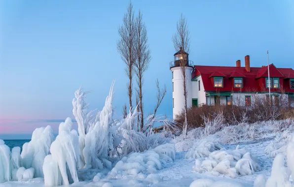 Ice, winter, sea, the sky, snow, house, lighthouse, the bushes