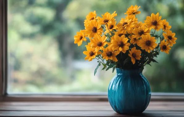 Flowers, bouquet, yellow, window, vase, sill, rudbeckia, summer