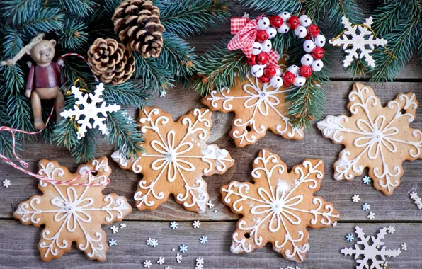 Picture winter, snowflakes, branches, toys, food, spruce, cookies, tree