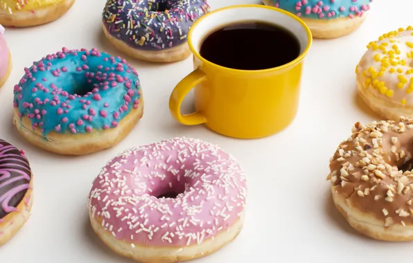 Coffee, Cup, donuts, donut, dessert, cakes, glaze, donuts