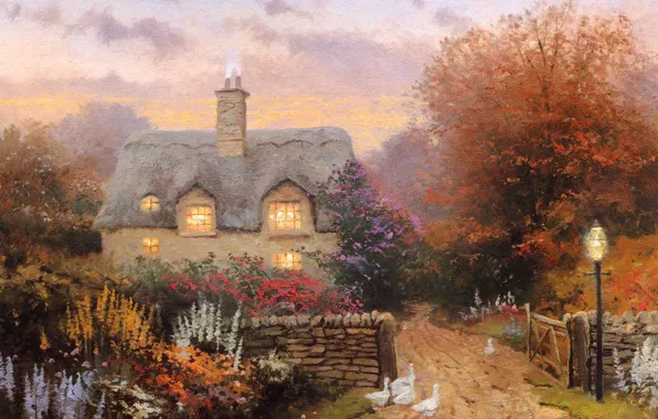 Sunset, flowers, picture, house, painting, cottage, geese, Thomas kinkade