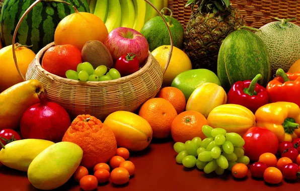 Watermelon, grapes, bananas, fruit, pineapple, still life, vegetables, tomatoes