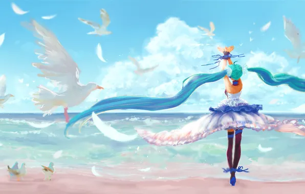 The sky, girl, clouds, landscape, birds, the ocean, shore, anime
