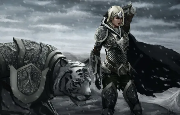 Cold, white, girl, snow, tiger, the wind, art, cloak