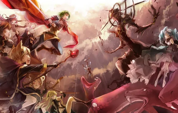 Picture snakes, the sky, clouds, weapons, girls, sword, art, battle