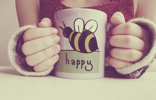 Happiness, text, the inscription, hands, mug, Cup, fingers, Happy