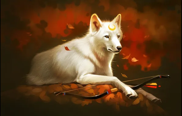 Forest, leaves, wolf, bow, art, defender, White wolf