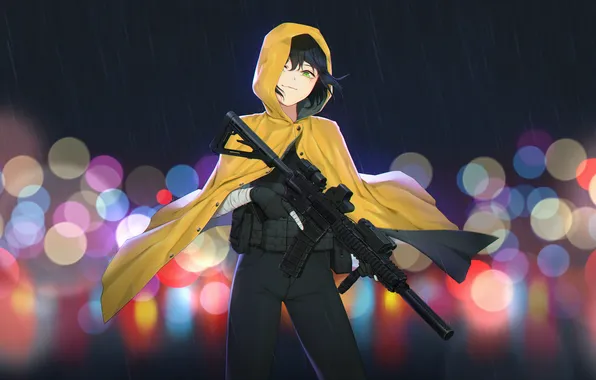 Girl, night, rain, machine, bokeh