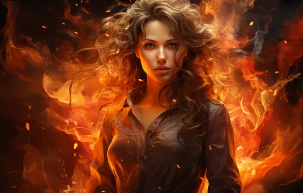 Picture Girl, Look, Fire, Hair, Brown hair, Digital art, AI art, The Art of Artificial Intelligence