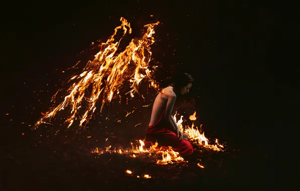 Girl, fire, flame, wings, the situation, angel, sitting, Phoenix