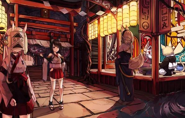 Girls, street, fantasy, lanterns, youkai